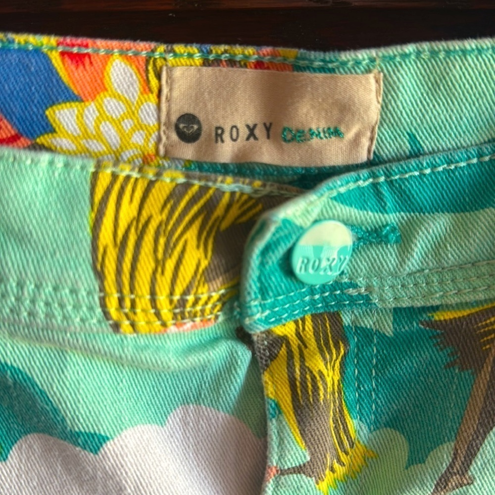 Roxy Tropical Print Jean Shorts - Green and Yellow - Picture 4 of 5